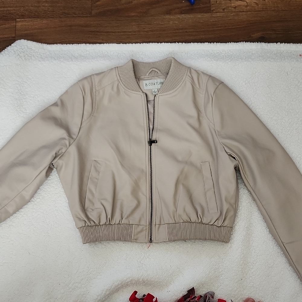 B COATURE Vegan Faux Leather Bomber Jacket | Tan Beige | Size Large